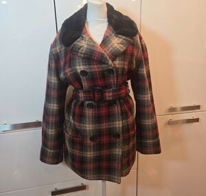 VTG Ralph Lauren Tartan Plaid Double Breasted Belted Pea Coat Large Womens